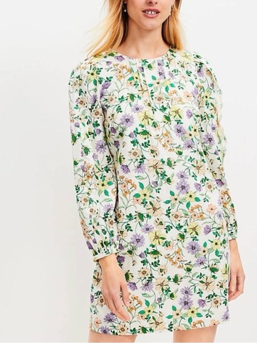 Loft, Floral Long-Sleeve Shift Dress - White with Lavender & Green, size 10